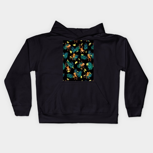 Tropical Monkey Banana Bonanza on Black Kids Hoodie by micklyn